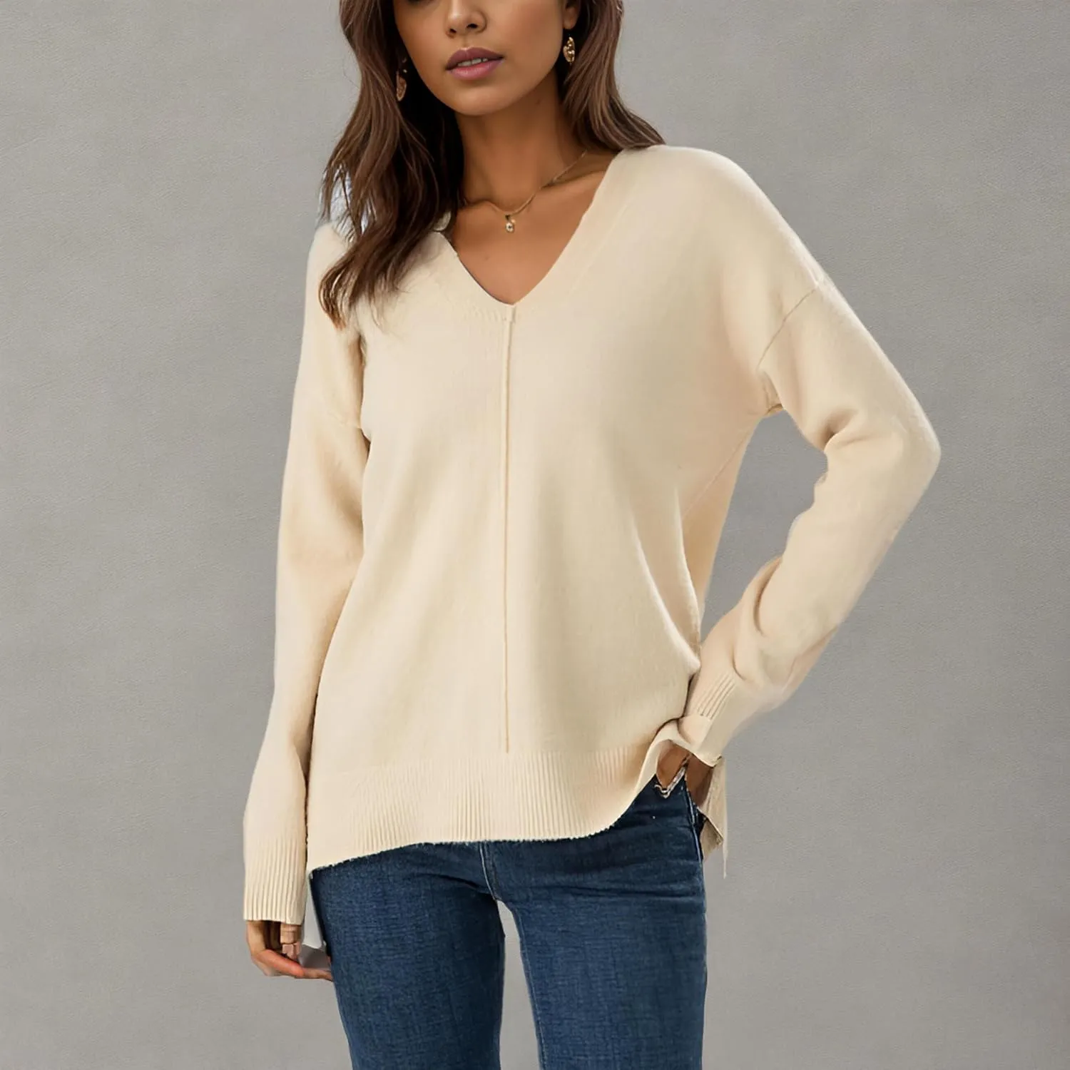 Simple&Opulence Women’s V Neck Sweaters Long Sleeve Ribbed Soft Knit Pullover Cozy Lightweight Casual Tops