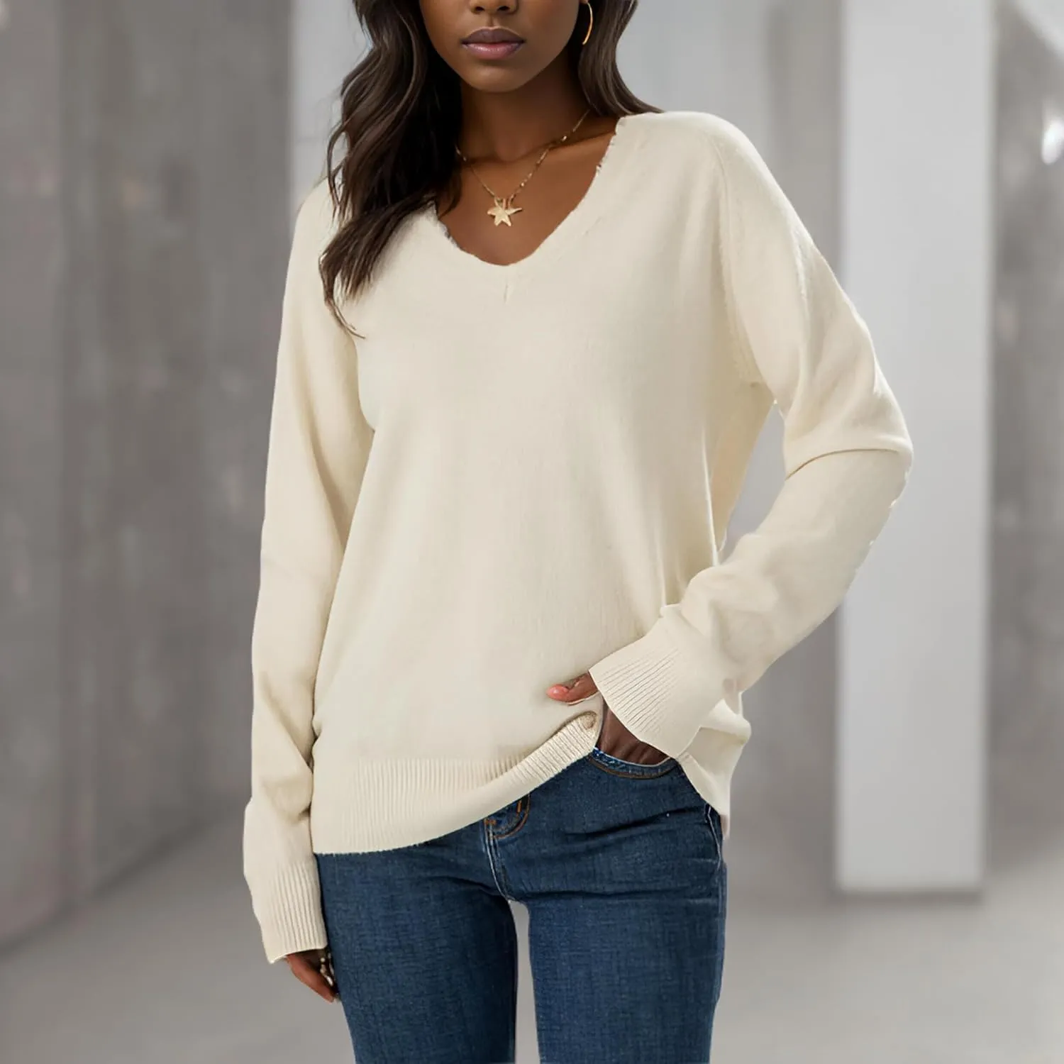 Simple&Opulence Women’s V Neck Sweaters Long Sleeve Ribbed Soft Knit Pullover Cozy Lightweight Casual Tops