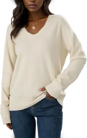 Simple&Opulence Women’s V Neck Sweaters Long Sleeve Ribbed Soft Knit Pullover Cozy Lightweight Casual Tops