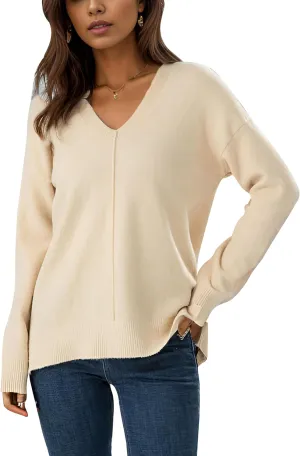 Simple&Opulence Women’s V Neck Sweaters Long Sleeve Ribbed Soft Knit Pullover Cozy Lightweight Casual Tops