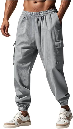 Sinzelimin Men's Linen Cargo Pants Fashion Solid Lace up Elastic Waist Multiple Pockets Wide Leg Sweatpant Versatile Trouser