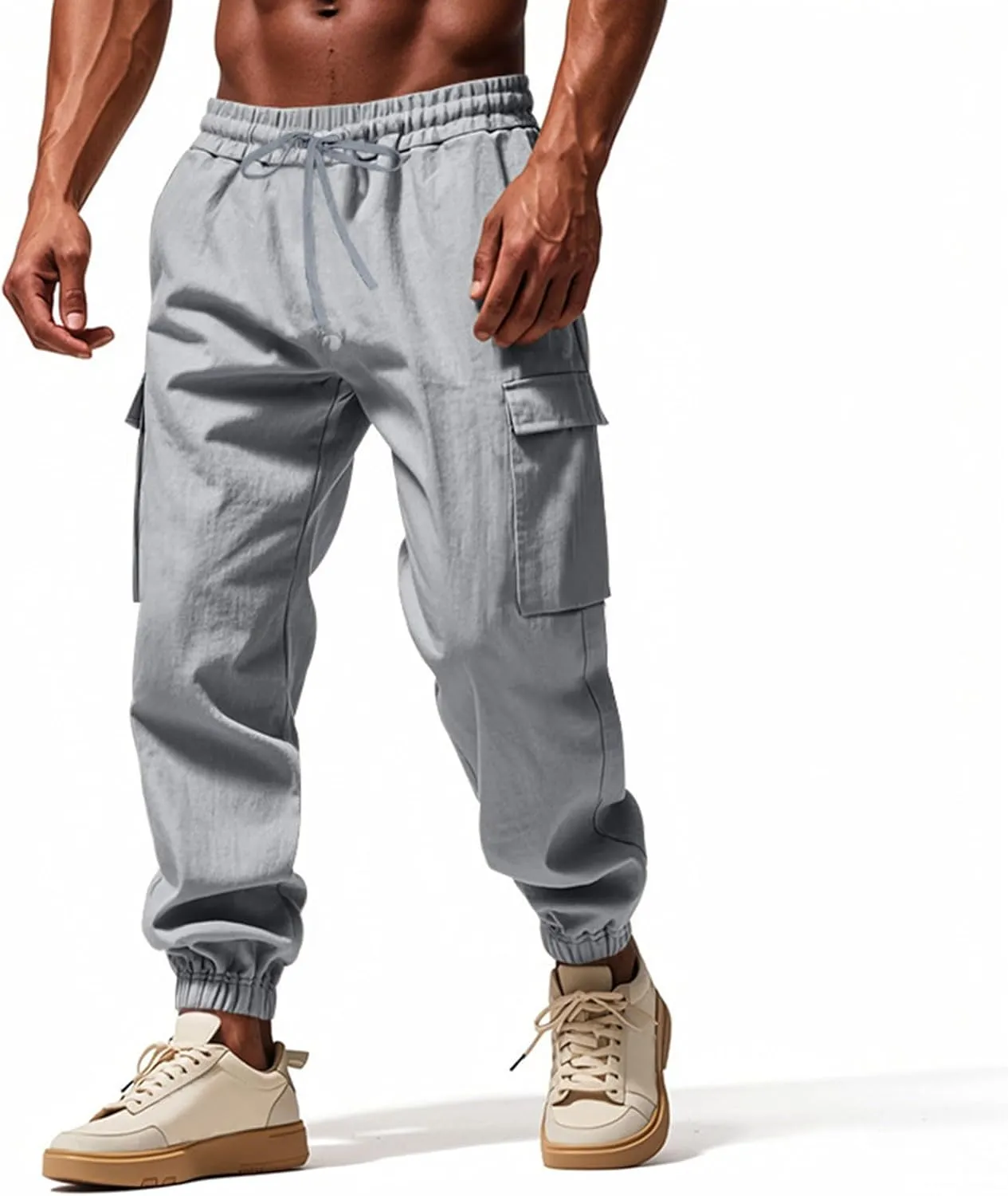 Sinzelimin Men's Linen Cargo Pants Fashion Solid Lace up Elastic Waist Multiple Pockets Wide Leg Sweatpant Versatile Trouser