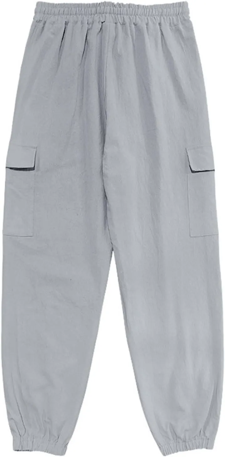 Sinzelimin Men's Linen Cargo Pants Fashion Solid Lace up Elastic Waist Multiple Pockets Wide Leg Sweatpant Versatile Trouser
