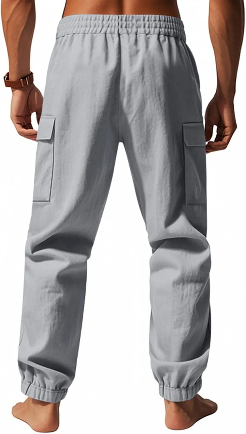 Sinzelimin Men's Linen Cargo Pants Fashion Solid Lace up Elastic Waist Multiple Pockets Wide Leg Sweatpant Versatile Trouser