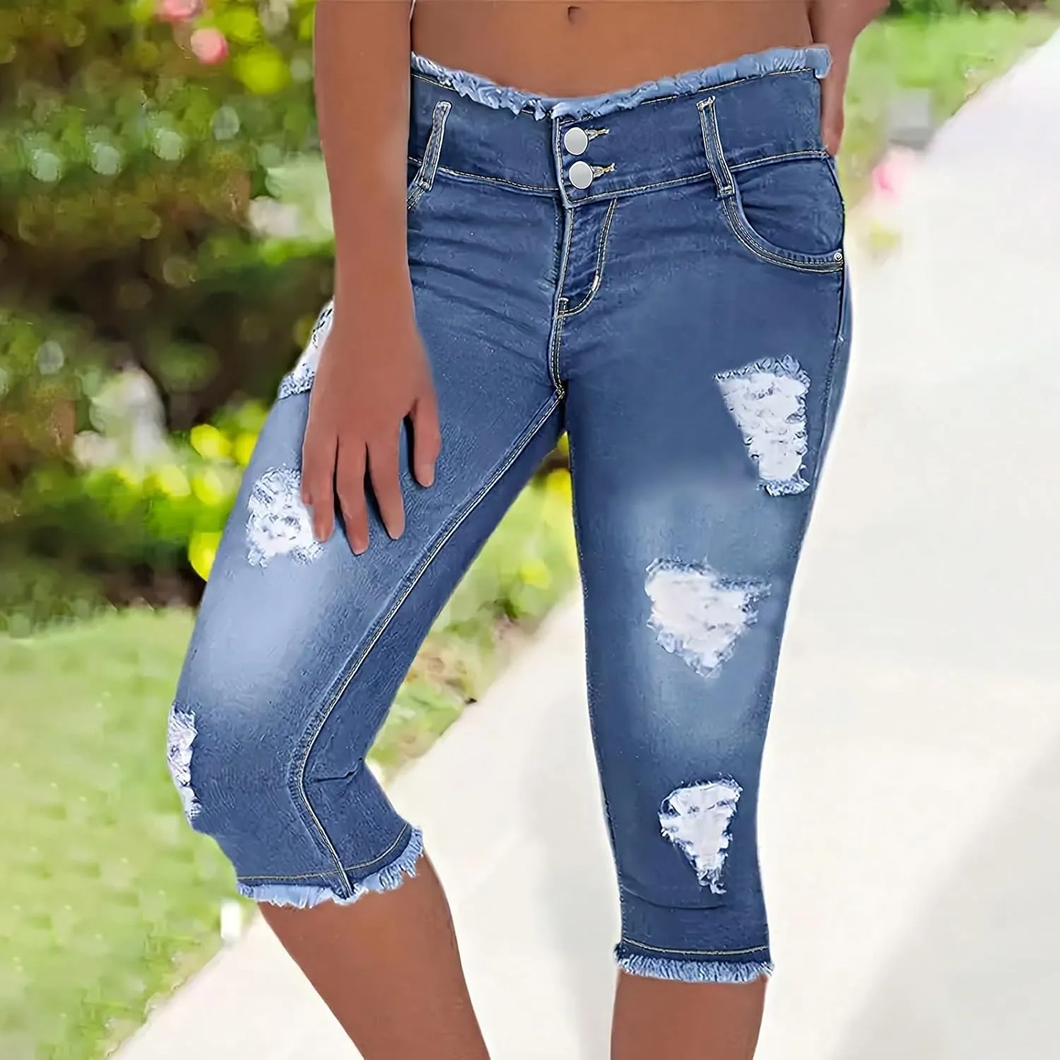 Skinny Capri Jeans for Women Low Rise Cropped Stretchy Ripped Jeans Raw Hem Distressed Denim Jeggings with Pockets