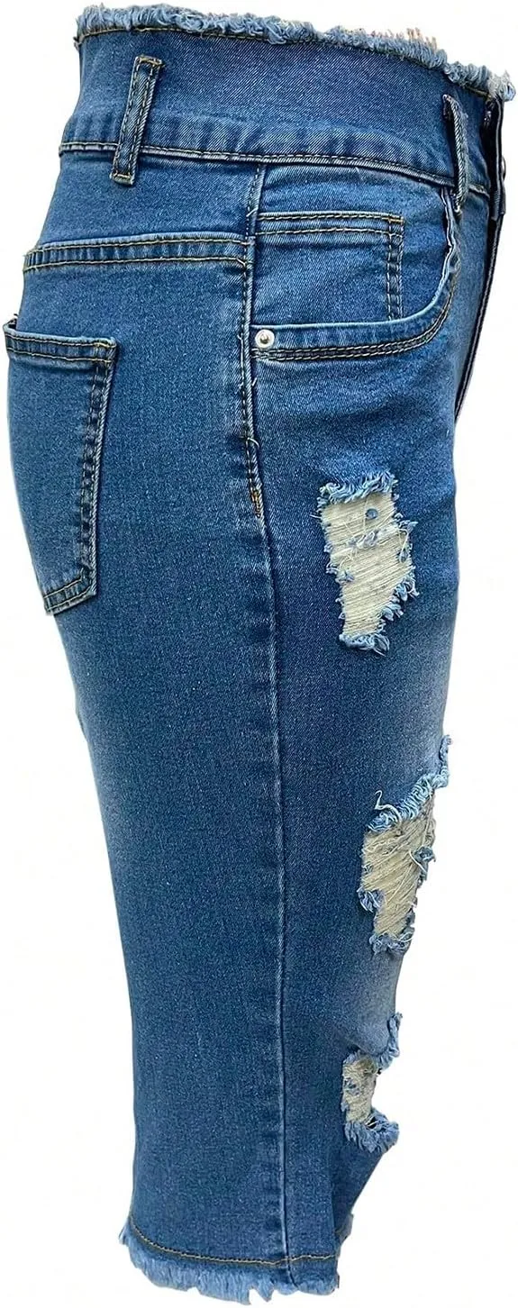 Skinny Capri Jeans for Women Low Rise Cropped Stretchy Ripped Jeans Raw Hem Distressed Denim Jeggings with Pockets