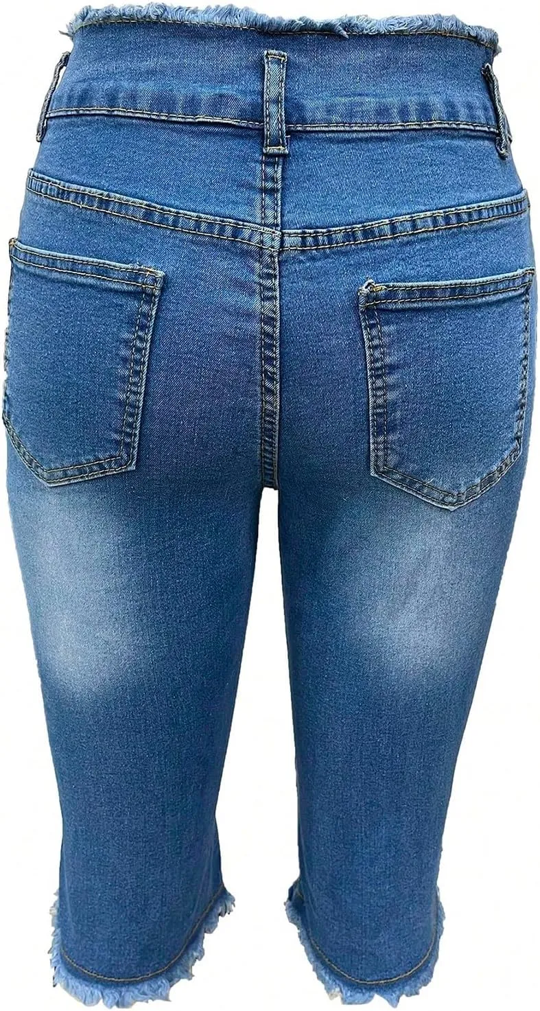 Skinny Capri Jeans for Women Low Rise Cropped Stretchy Ripped Jeans Raw Hem Distressed Denim Jeggings with Pockets