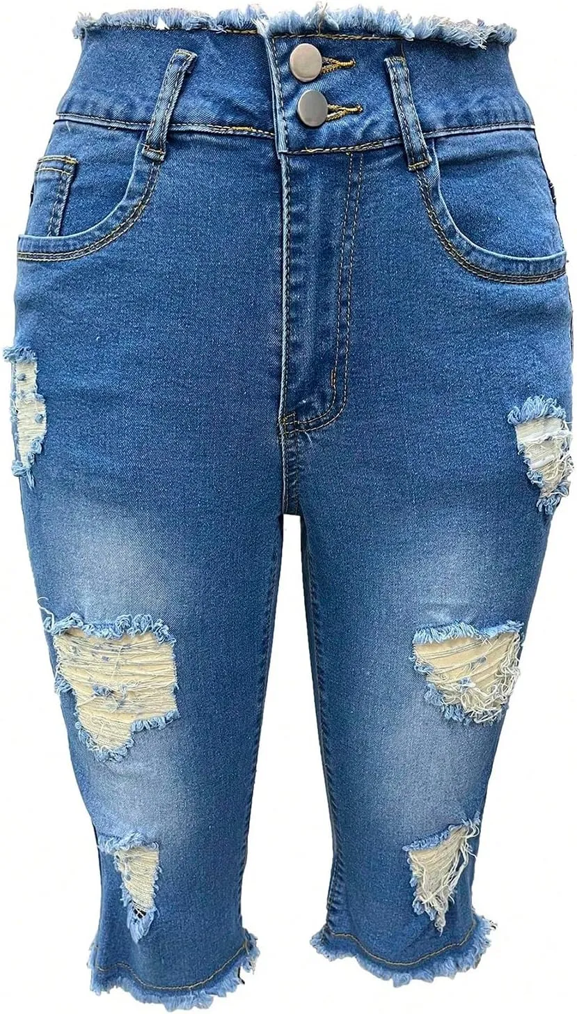 Skinny Capri Jeans for Women Low Rise Cropped Stretchy Ripped Jeans Raw Hem Distressed Denim Jeggings with Pockets