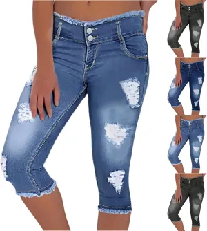 Skinny Capri Jeans for Women Low Rise Cropped Stretchy Ripped Jeans Raw Hem Distressed Denim Jeggings with Pockets