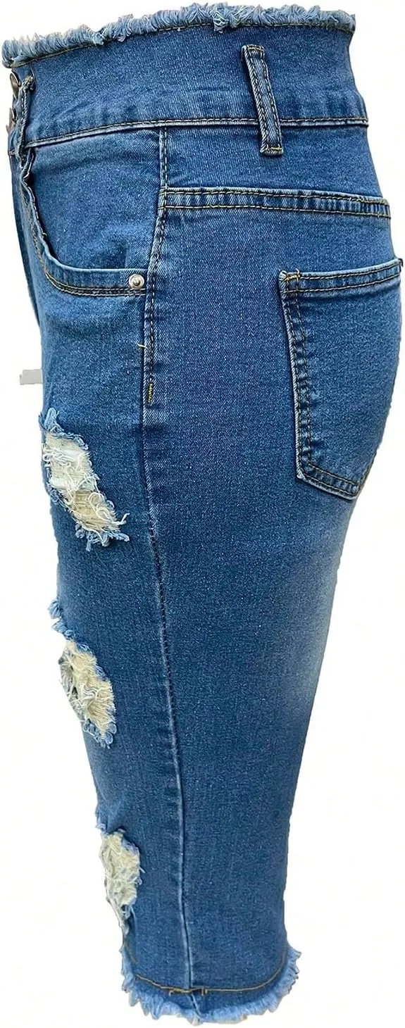 Skinny Capri Jeans for Women Low Rise Cropped Stretchy Ripped Jeans Raw Hem Distressed Denim Jeggings with Pockets