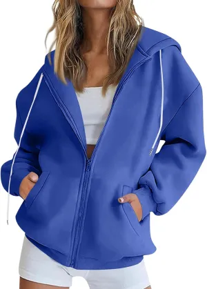 slqdgmryz Zip Up Hoodie Women Drawstring Oversized Sweatshirt Zipped Cute Hoodies Y2k Workout Fleece Jacket with Pockets