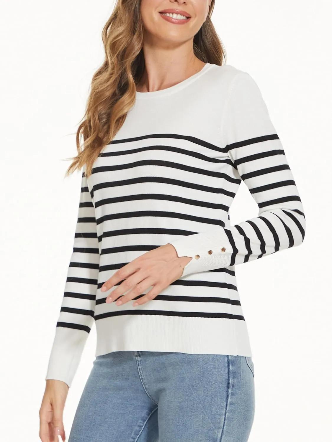Spicy Sandia Women's Lightweight Long Sleeve Crew Neck Sweaters Striped Casual Knit Pullover Tops