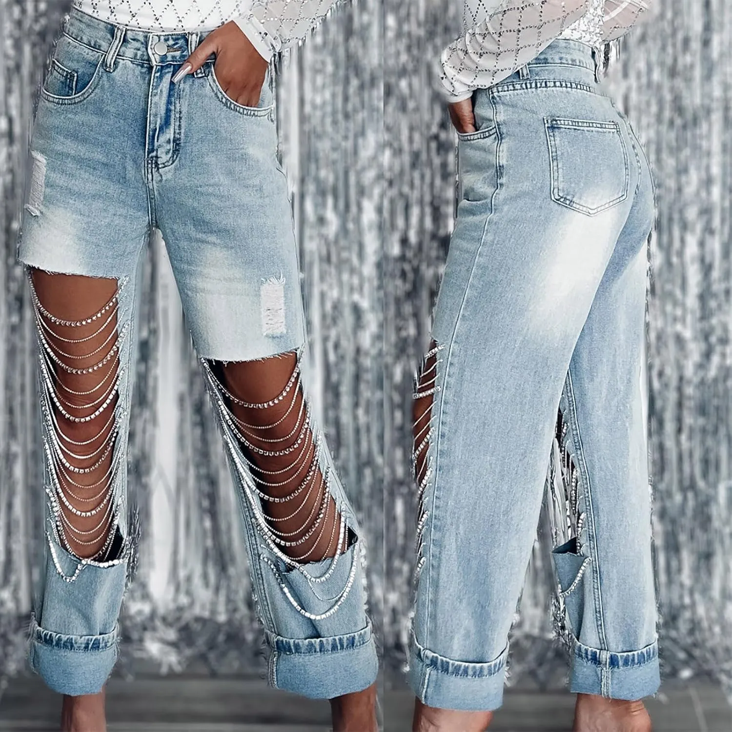 Straight Leg Jeans for Women Trendy Distressed Wide Leg Jeans Baggy Boyfriend Denim Pants Y2k Sexy Ripped Jeans