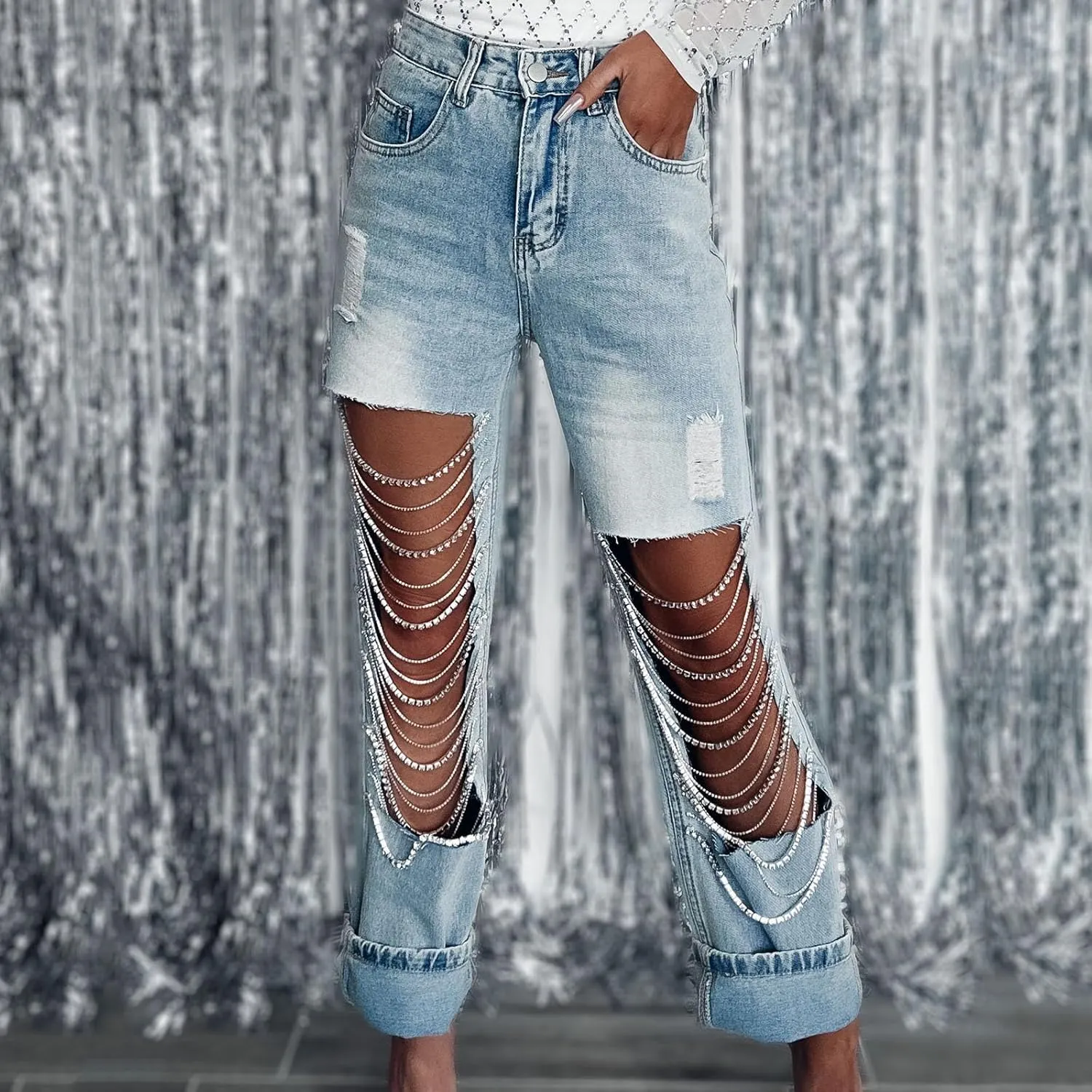 Straight Leg Jeans for Women Trendy Distressed Wide Leg Jeans Baggy Boyfriend Denim Pants Y2k Sexy Ripped Jeans