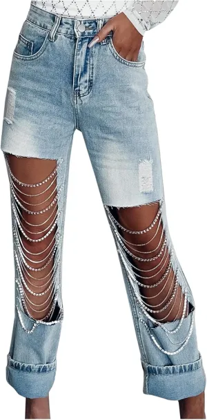 Straight Leg Jeans for Women Trendy Distressed Wide Leg Jeans Baggy Boyfriend Denim Pants Y2k Sexy Ripped Jeans