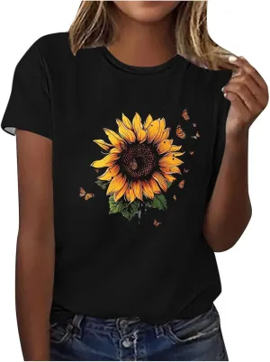 Sunflower Graphic Tees Women Casual Short Sleeve Loose Fit Butterfly Teen Girls T Shirt Summer Trendy Tops