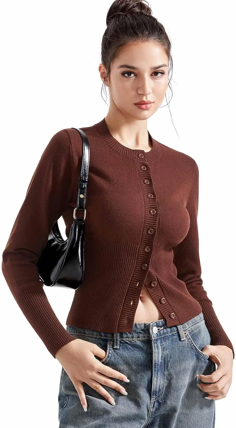 SUUKSESS Women Button Down Cardigan Crew Neck Sweaters Ribbed Knitted Slim Fit Tops