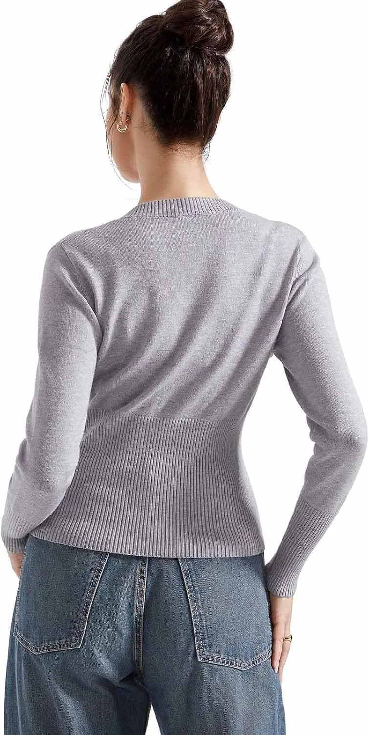 SUUKSESS Women Button Down Cardigan Crew Neck Sweaters Ribbed Knitted Slim Fit Tops