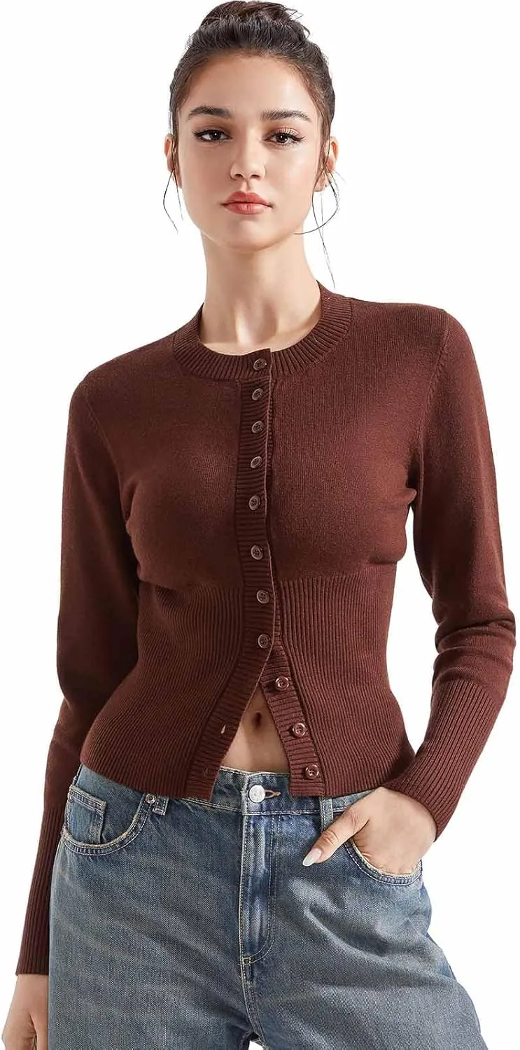 SUUKSESS Women Button Down Cardigan Crew Neck Sweaters Ribbed Knitted Slim Fit Tops