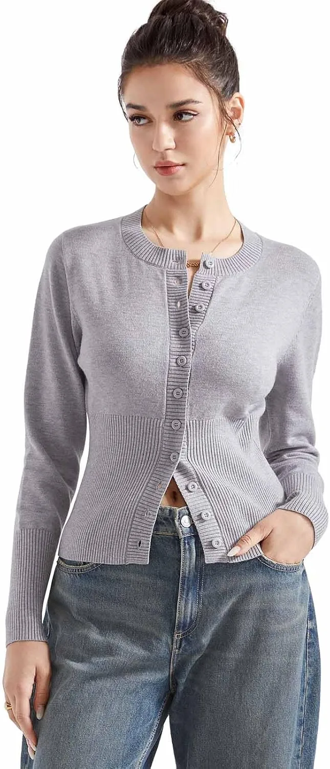 SUUKSESS Women Button Down Cardigan Crew Neck Sweaters Ribbed Knitted Slim Fit Tops