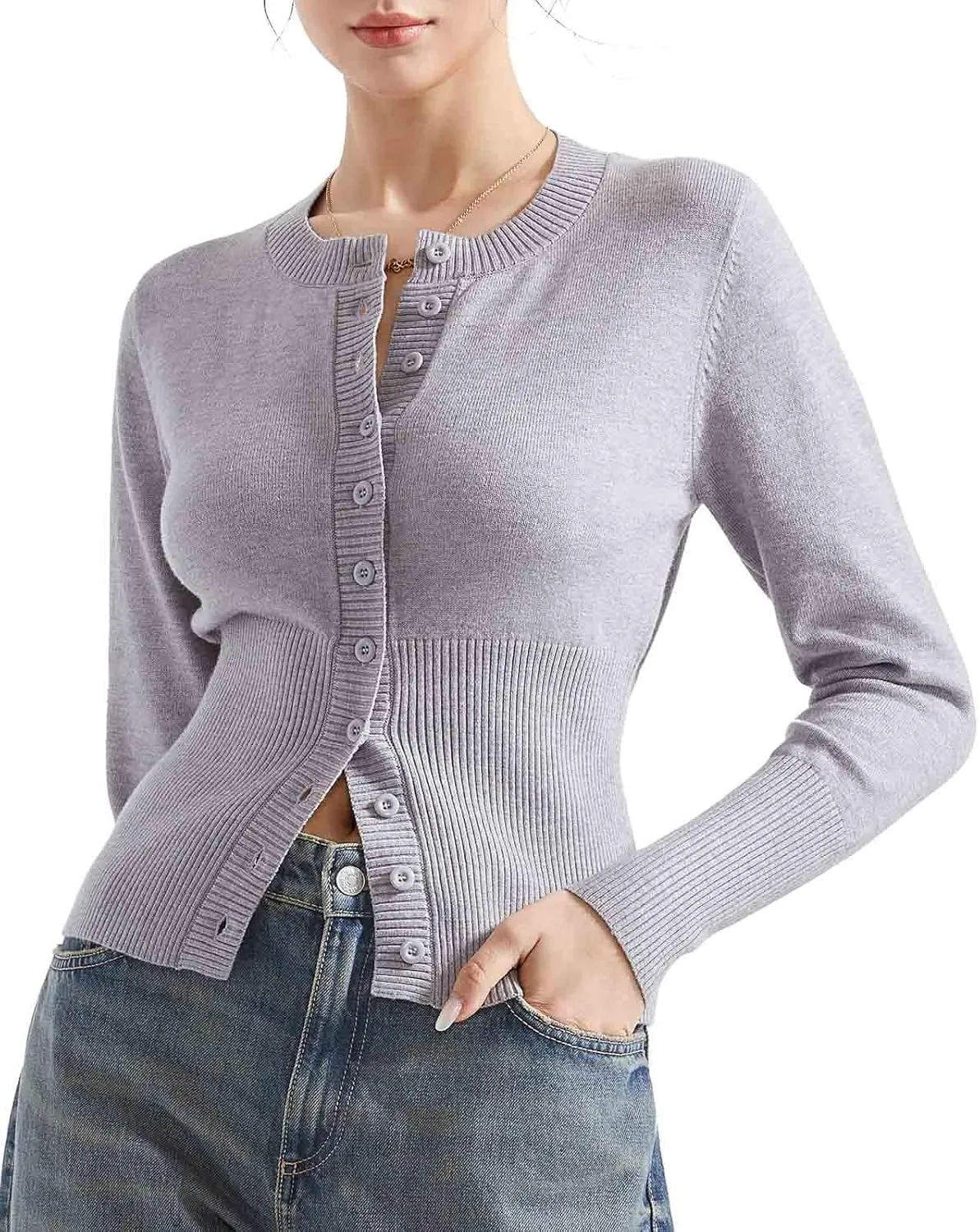 SUUKSESS Women Button Down Cardigan Crew Neck Sweaters Ribbed Knitted Slim Fit Tops