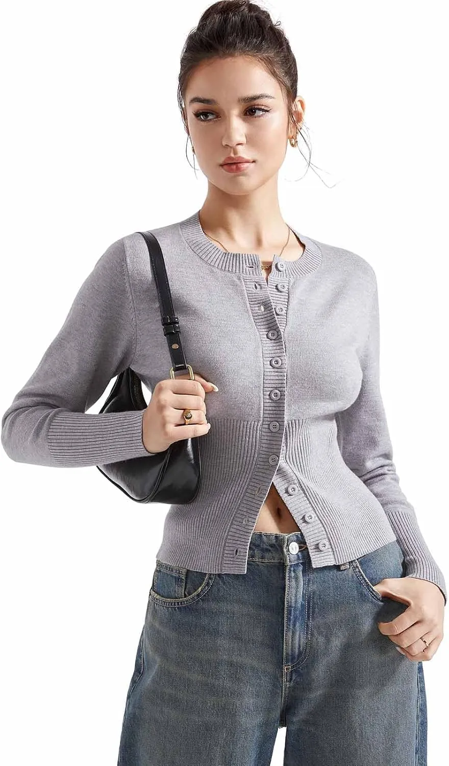 SUUKSESS Women Button Down Cardigan Crew Neck Sweaters Ribbed Knitted Slim Fit Tops