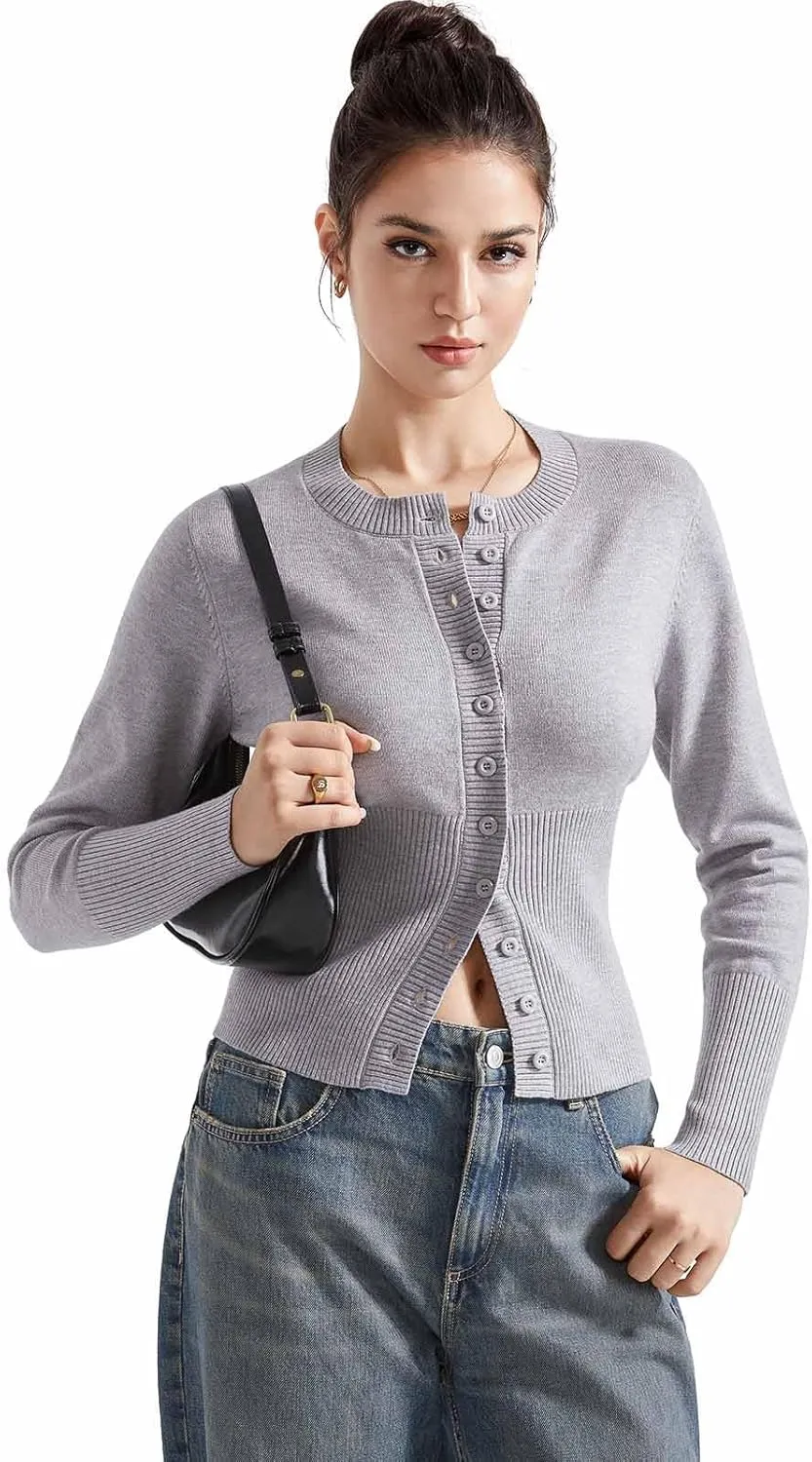 SUUKSESS Women Button Down Cardigan Crew Neck Sweaters Ribbed Knitted Slim Fit Tops