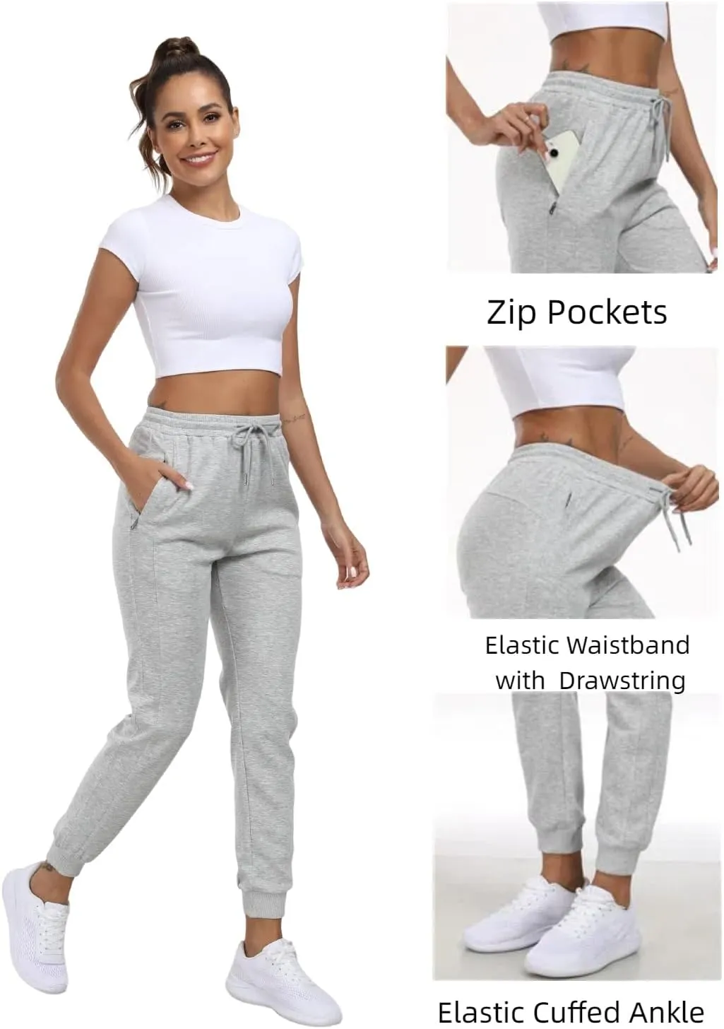 Sweatpants Women with Zipper Pockets,Elastic Waist Cotton Joggers,Soft Stretch Comfy Pants for Lounge,Athletic
