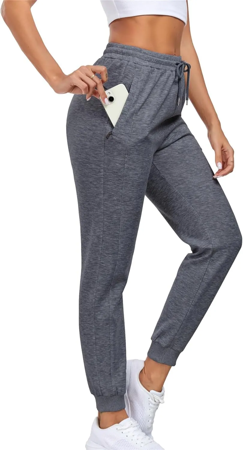 Sweatpants Women with Zipper Pockets,Elastic Waist Cotton Joggers,Soft Stretch Comfy Pants for Lounge,Athletic