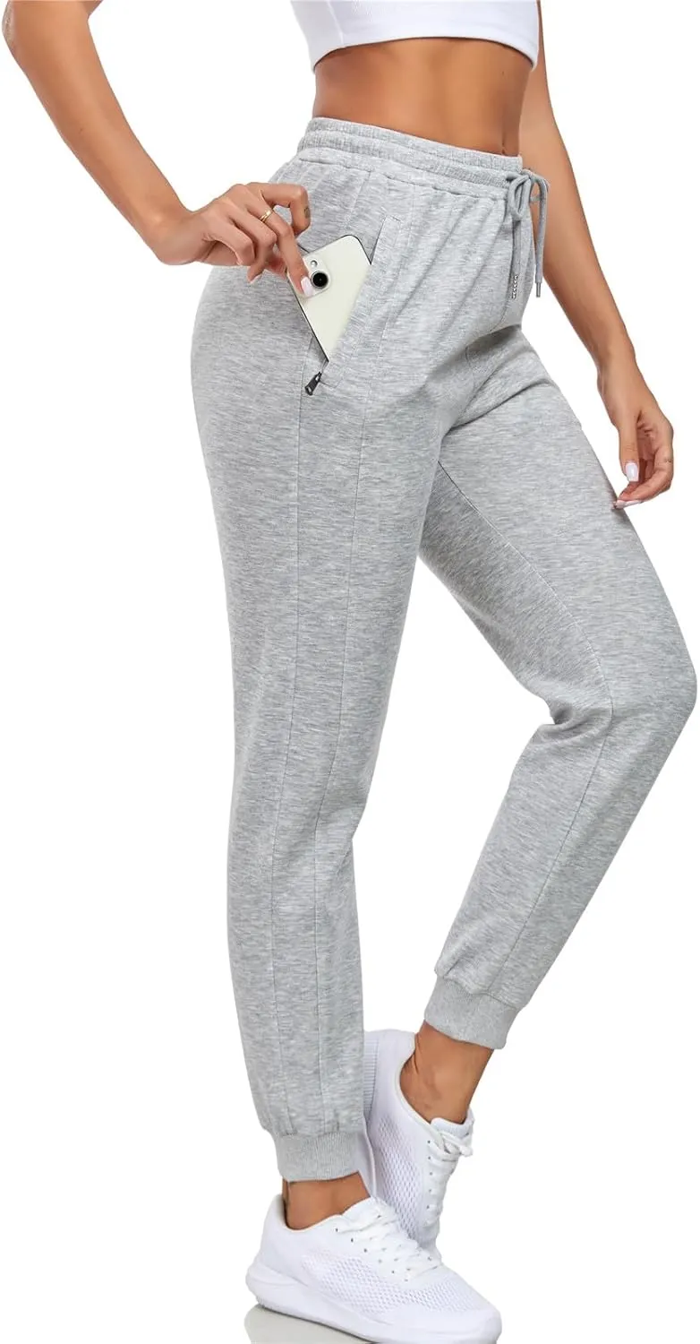 Sweatpants Women with Zipper Pockets,Elastic Waist Cotton Joggers,Soft Stretch Comfy Pants for Lounge,Athletic