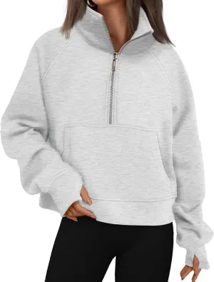 Sweatshirt for Womens Fall Fashion 2024 Half Zip Cropped Sweatshirt Pullover Fleece Quarter Zipper Hoodie Thumb Hole