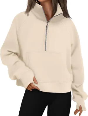 Sweatshirt for Womens Fall Fashion 2024 Half Zip Cropped Sweatshirt Pullover Fleece Quarter Zipper Hoodie Thumb Hole