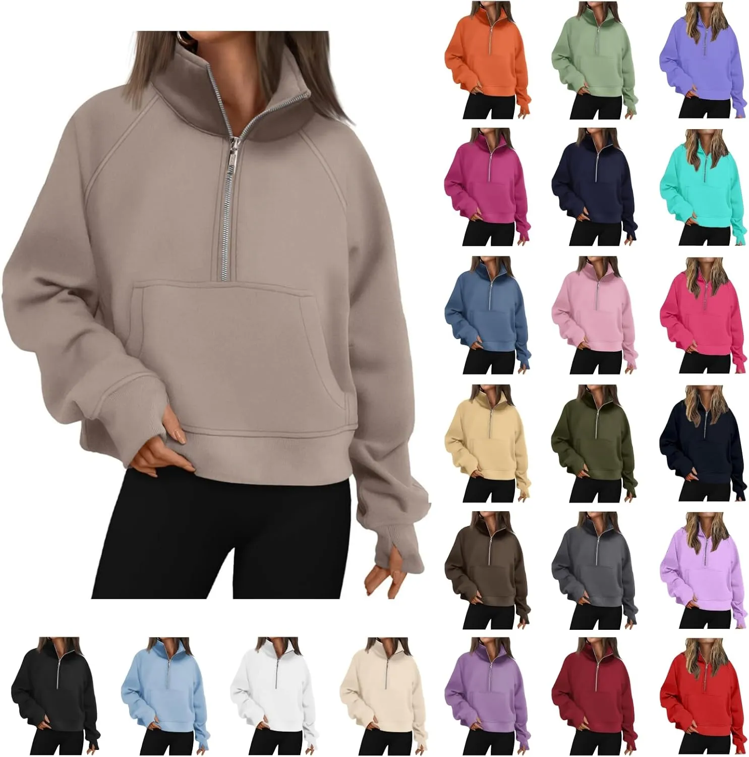 Sweatshirt for Womens Fall Fashion 2024 Half Zip Cropped Sweatshirt Pullover Fleece Quarter Zipper Hoodie Thumb Hole