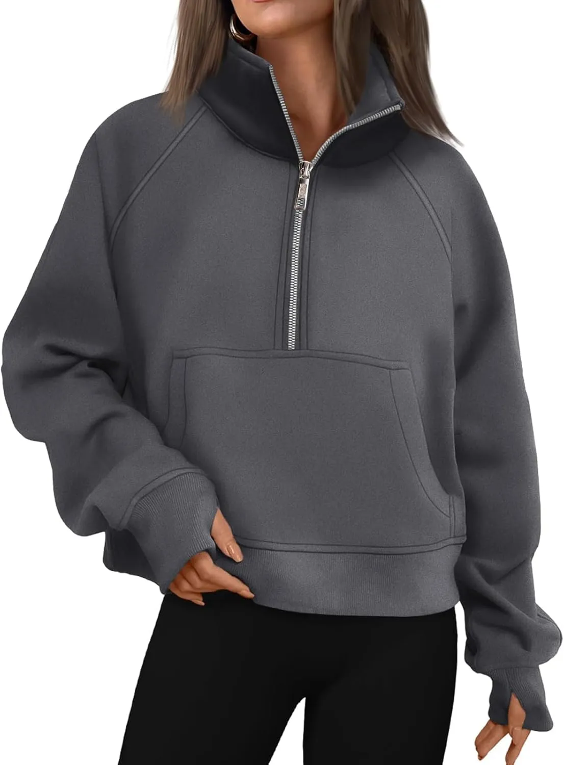 Sweatshirt for Womens Fall Fashion 2024 Half Zip Cropped Sweatshirt Pullover Fleece Quarter Zipper Hoodie Thumb Hole