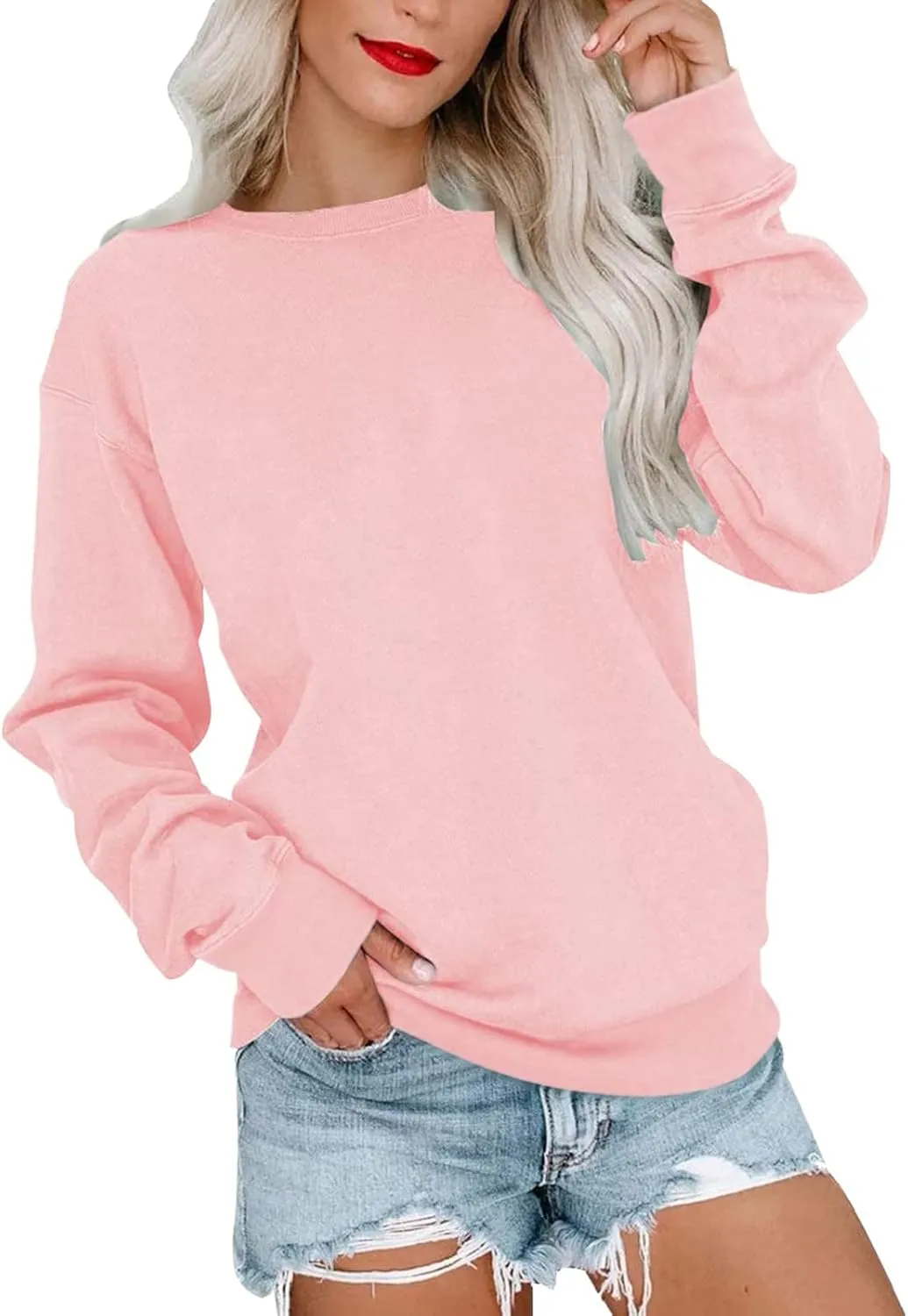 Sweatshirts for Womens Fall Outfits 2024 Crew Neck Sweaters Casual Long Sleeve Hoodies Slim Fit Solid Pullover Tops