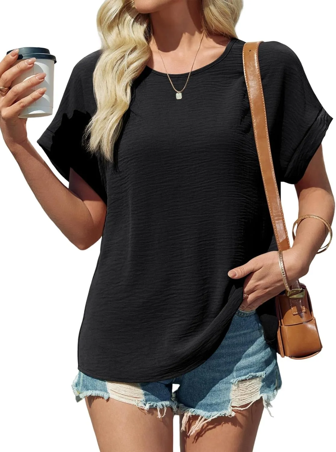 Tankaneo Womens Summer Blouse Short Sleeve Dressy Casual Loose Fit T-Shirts Oversized Crewneck Tunic Tops