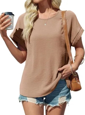 Tankaneo Womens Summer Blouse Short Sleeve Dressy Casual Loose Fit T-Shirts Oversized Crewneck Tunic Tops