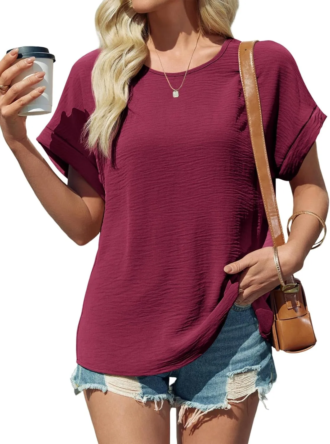 Tankaneo Womens Summer Blouse Short Sleeve Dressy Casual Loose Fit T-Shirts Oversized Crewneck Tunic Tops