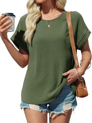Tankaneo Womens Summer Blouse Short Sleeve Dressy Casual Loose Fit T-Shirts Oversized Crewneck Tunic Tops