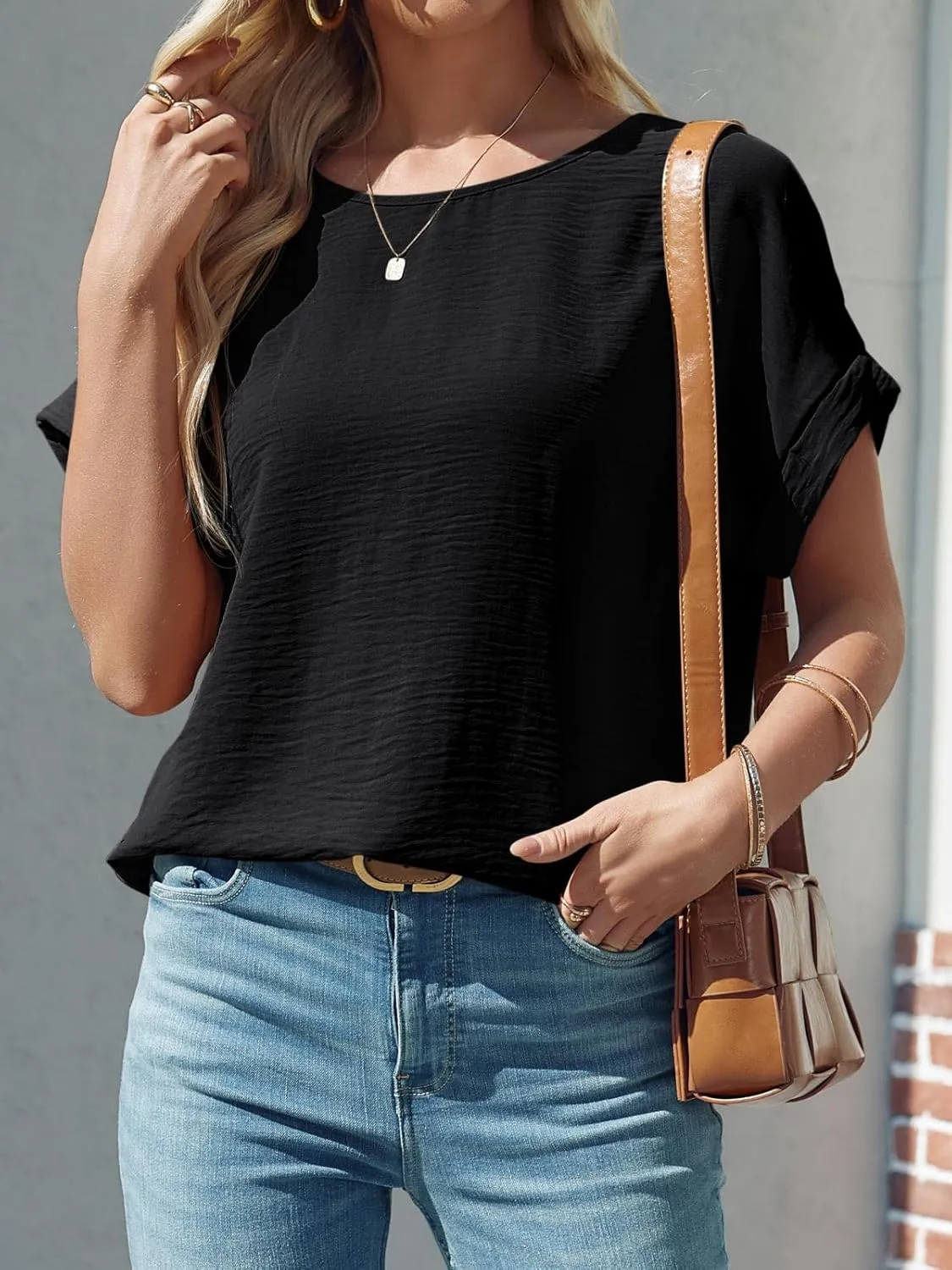 Tankaneo Womens Summer Blouse Short Sleeve Dressy Casual Loose Fit T-Shirts Oversized Crewneck Tunic Tops