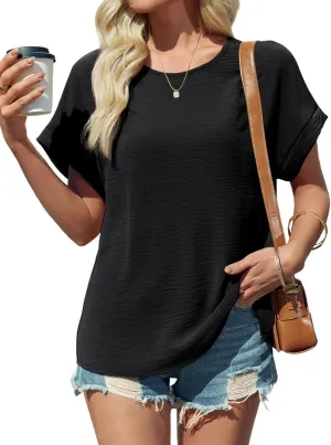 Tankaneo Womens Summer Blouse Short Sleeve Dressy Casual Loose Fit T-Shirts Oversized Crewneck Tunic Tops