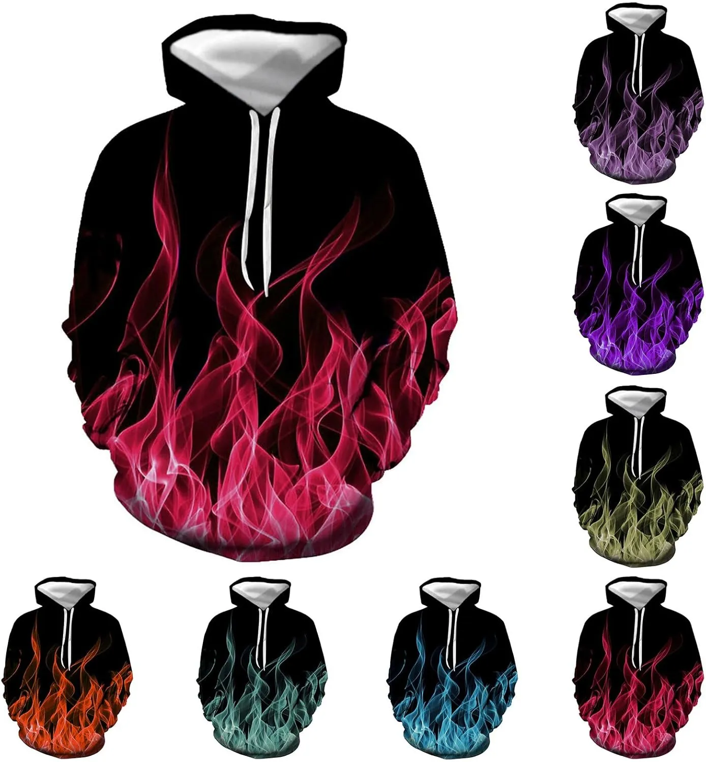 Unisex Novelty Hoodies for Men 3D Colorful Flame Printed Hood Sweatshirts Oversized Baggy Pullover Tops with Pockets