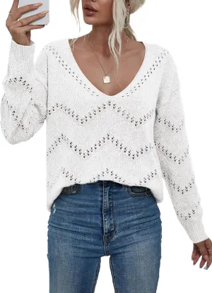 V Neck Sweaters for Women Lightweight Spring Tops Long Sleeve Crochet Sweater Hollow Out Knit Tops