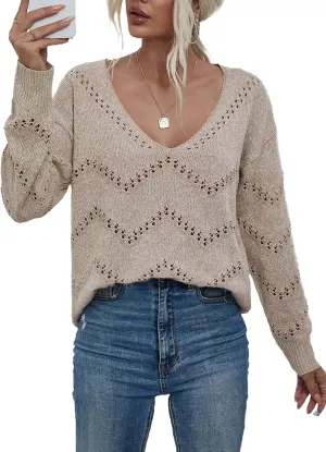 V Neck Sweaters for Women Lightweight Spring Tops Long Sleeve Crochet Sweater Hollow Out Knit Tops