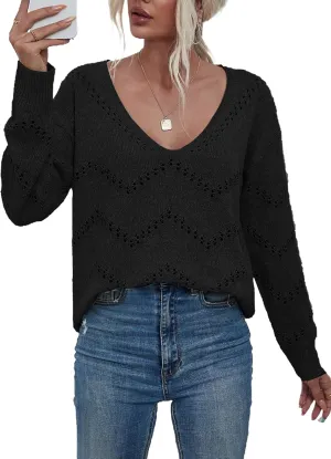 V Neck Sweaters for Women Lightweight Spring Tops Long Sleeve Crochet Sweater Hollow Out Knit Tops