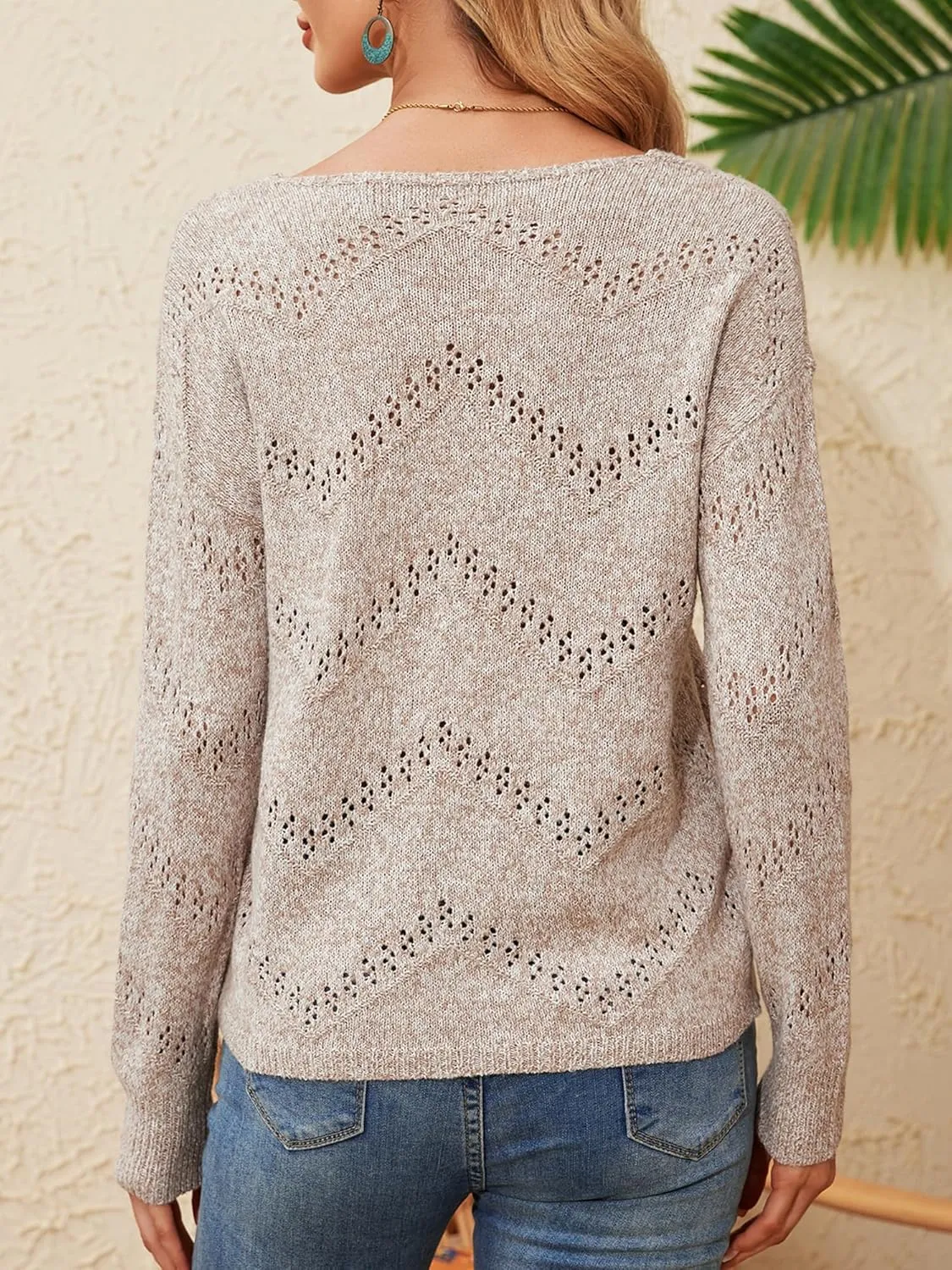 V Neck Sweaters for Women Lightweight Spring Tops Long Sleeve Crochet Sweater Hollow Out Knit Tops