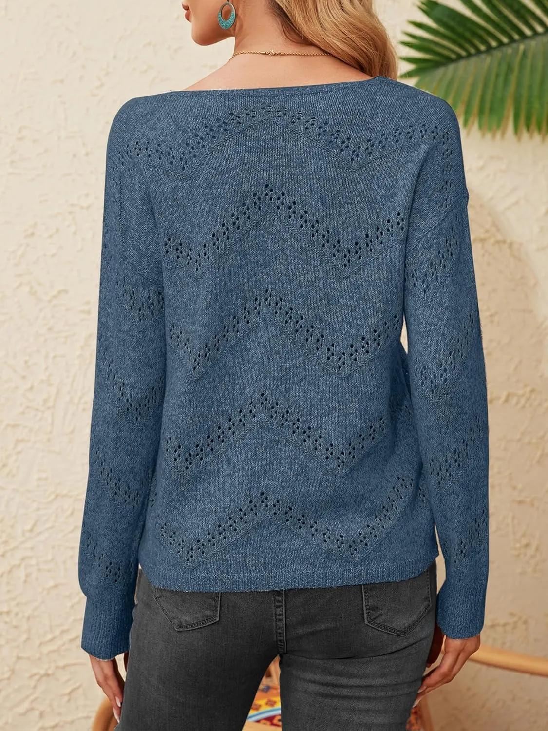 V Neck Sweaters for Women Lightweight Spring Tops Long Sleeve Crochet Sweater Hollow Out Knit Tops