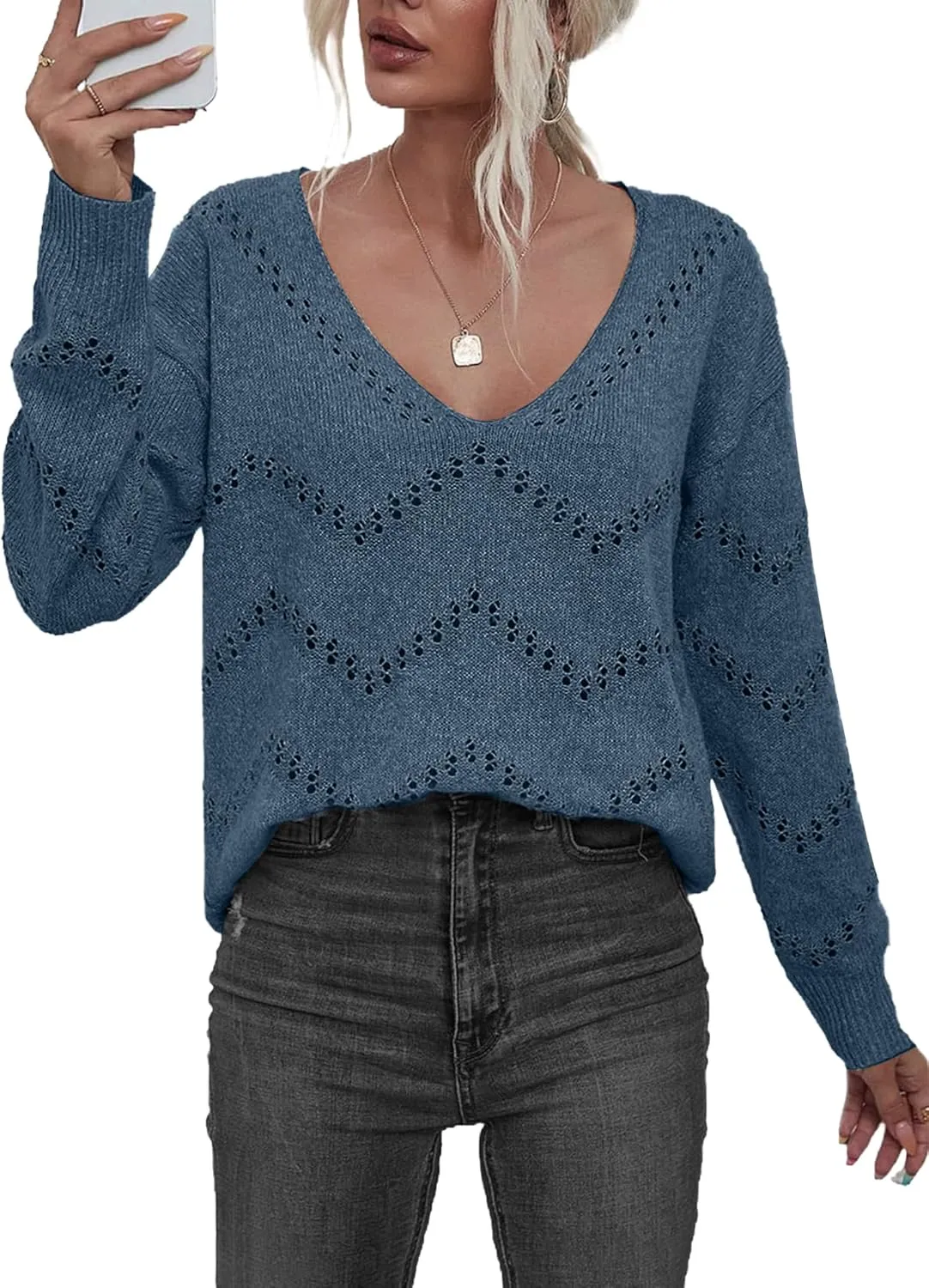 V Neck Sweaters for Women Lightweight Spring Tops Long Sleeve Crochet Sweater Hollow Out Knit Tops