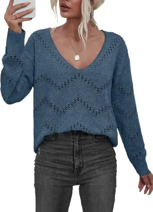 V Neck Sweaters for Women Lightweight Spring Tops Long Sleeve Crochet Sweater Hollow Out Knit Tops