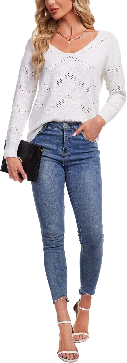 V Neck Sweaters for Women Lightweight Spring Tops Long Sleeve Crochet Sweater Hollow Out Knit Tops